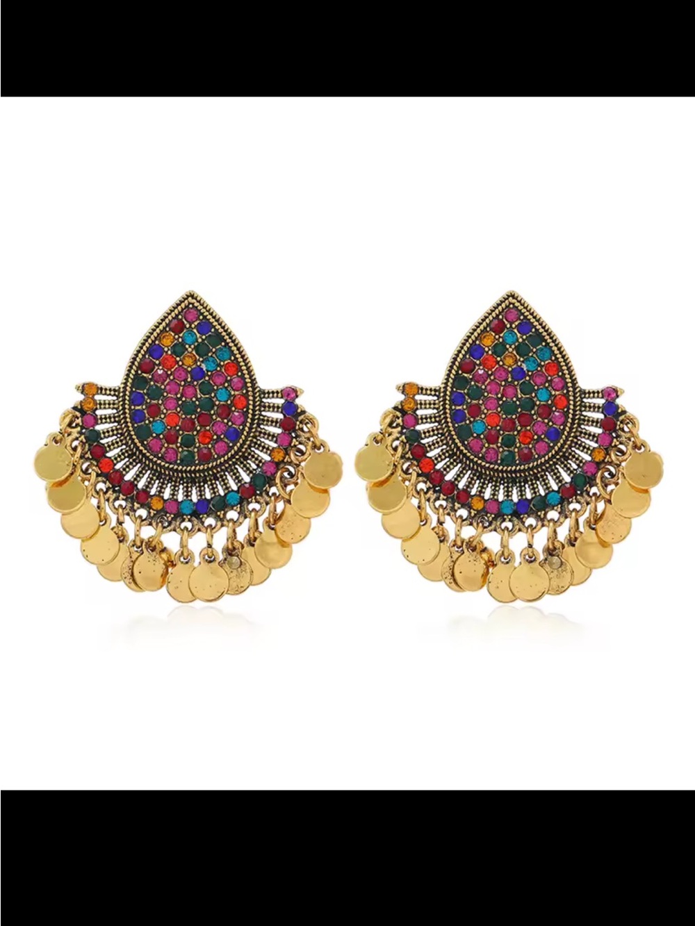 Gold Multicolor Teardrop Coin Fringe Earrings - Women Jewelry
